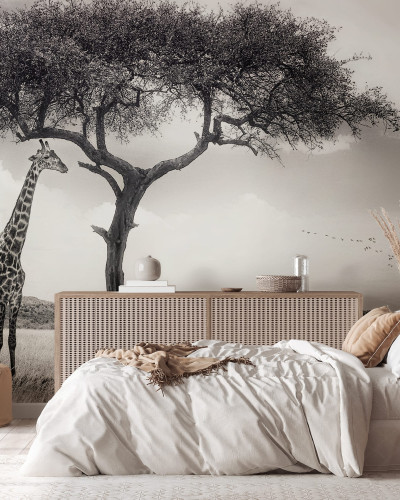 Tapet cu girafa in savană, design monocrom, inspirat din natură. Perfect pentru dormitor sau living.