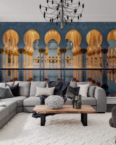 Tapet decorativ modern cu design oriental Temple of Dreams, cu o imagine a unui palat islamic cu coloane ornate si o piscina reflectorizanta