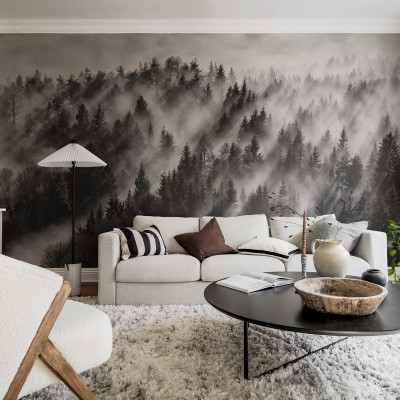 Imagine cu o pădure în ceață, pe o canapea, cu o masă de cafea și o plantă, în stil modern minimalist.