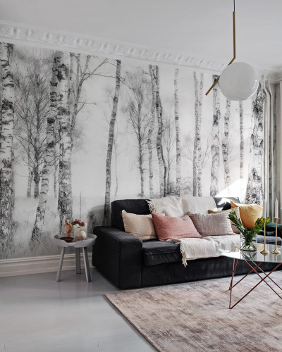 Tapet cu design minimalist de mesteceni, perfect pentru a crea o atmosferă relaxantă în orice cameră.