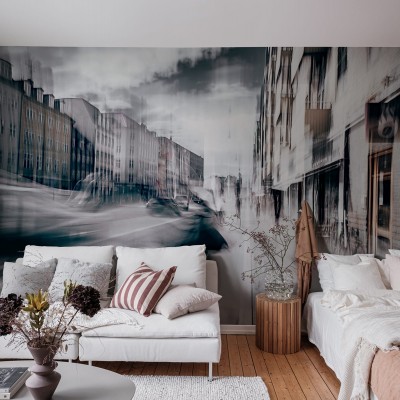 Tapet City Pulse cu un design modern, abstract, care ilustrează clădirile din oraș în mișcare.