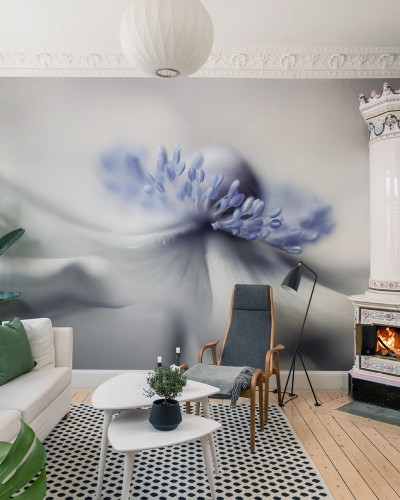 Tapet cu un design floral minimalist, albastru pastelat