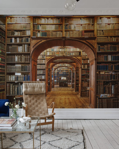 Tapet vintage cu o bibliotecă plină de cărți vechi.