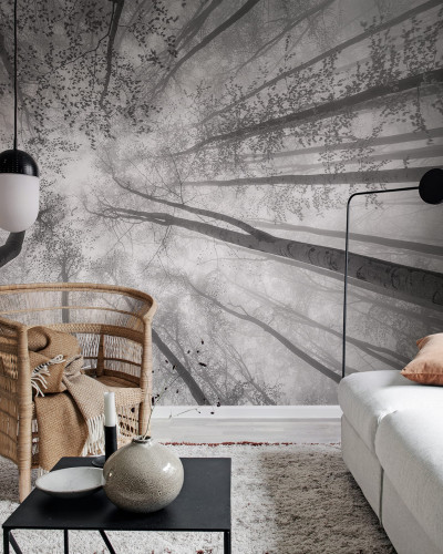 Tapet cu design modern, inspirat din natura. Imaginea prezinta o padure linistita cu copaci inalti ce se intind spre cer.