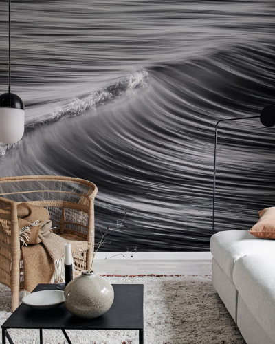 Tapet abstract cu valuri gri, ideal pentru living sau dormitor.