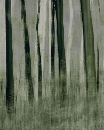 Tapet abstract Painted Trees, cu accente de verde și gri, în design modern, pentru dormitor.