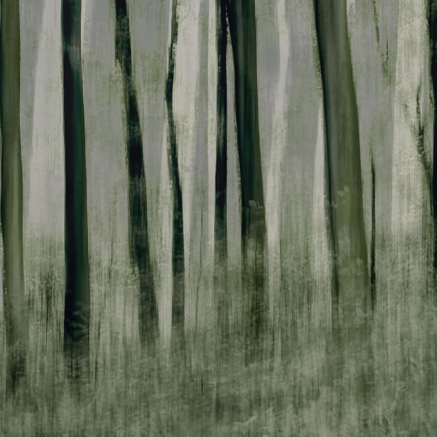 Tapet abstract Painted Trees, cu accente de verde și gri, în design modern, pentru dormitor.