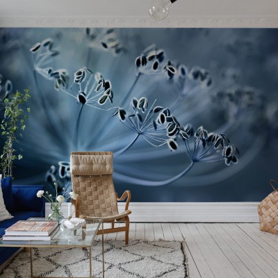 Tapet Blue Crown Dill, cu design minimalist și elegant, cu un design abstract al unor flori de chimen