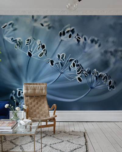 Tapet Blue Crown Dill, cu design minimalist și elegant, cu un design abstract al unor flori de chimen