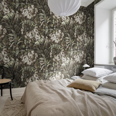 Tapet floral Dazzling Foliage, Sand, cu flori delicate si fundal texturat, in dormitor