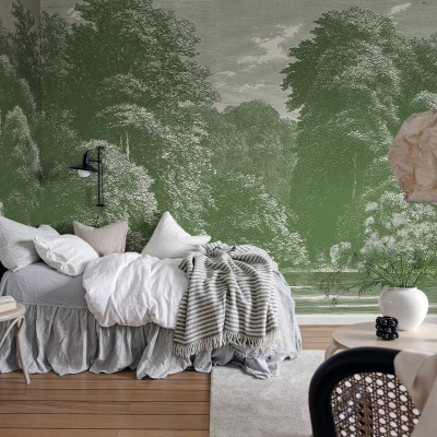 Tapet verde cu design vegetal, perfect pentru dormitor, living sau birou.