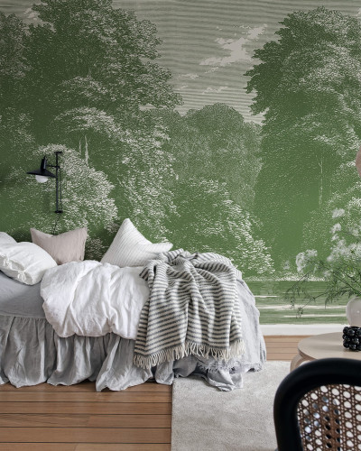 Tapet verde cu design vegetal, perfect pentru dormitor, living sau birou.