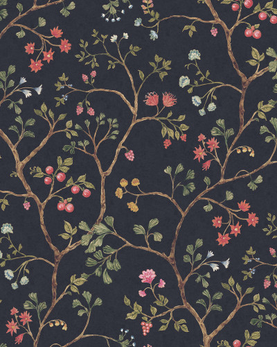 Tapet floral Song Tree, Lush, cu crengi și flori delicate pe un fond întunecat, într-un interior modern.