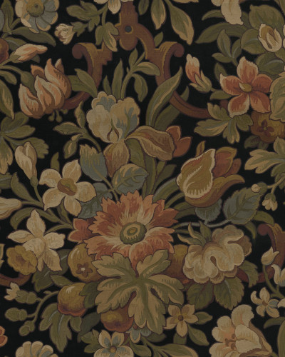 Tapet floral vintage cu flori roșii, galbene și albastre pe fond negru