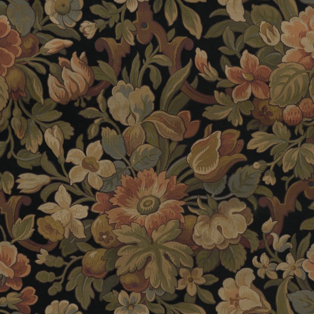 Tapet floral vintage cu flori roșii, galbene și albastre pe fond negru