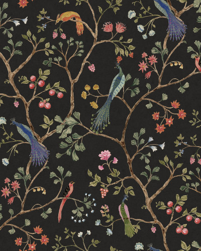 Tapet Songbirds, Midnight cu design floral delicat si pasari exotice