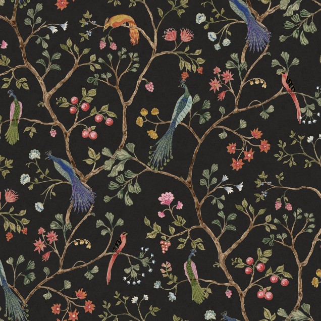 Tapet Songbirds, Midnight cu design floral delicat si pasari exotice