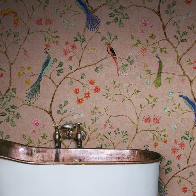 Tapet Songbirds roz, cu model floral si pasari