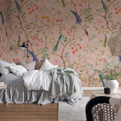 Tapet Songbirds roz, cu model floral si pasari