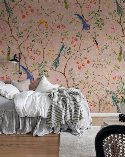 Tapet Songbirds roz, cu model floral si pasari
