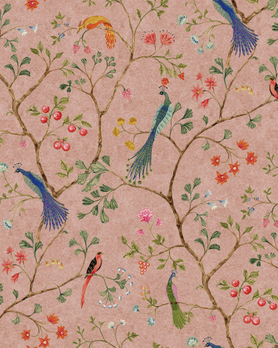 Tapet Songbirds roz, cu model floral si pasari