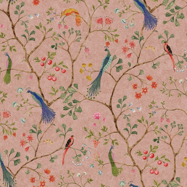 Tapet Songbirds roz, cu model floral si pasari