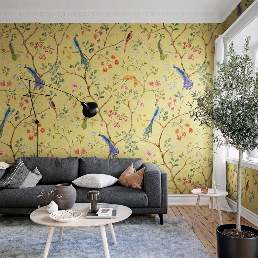 Tapet Songbirds roz, cu model floral si pasari