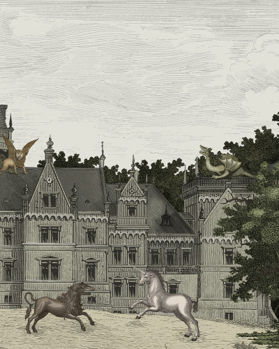 Tapet cu design vintage, ilustrând un castel din povești, cu un fundal de cer cu nori.