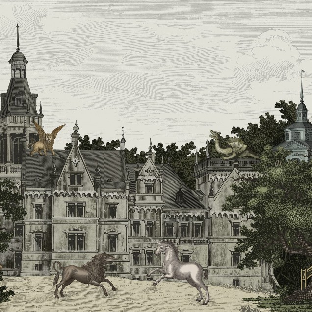 Tapet cu design vintage, ilustrând un castel din povești, cu un fundal de cer cu nori.