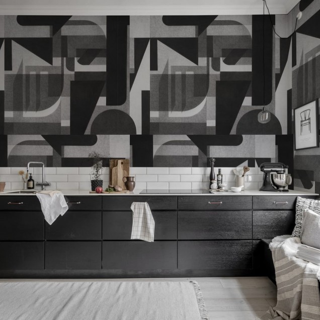 Tapet geometric modern cu un design abstract în nuanțe de gri și negru, Vaasa Graphite