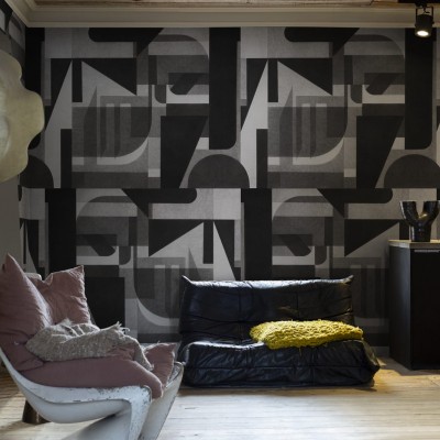 Tapet geometric modern cu un design abstract în nuanțe de gri și negru, Vaasa Graphite
