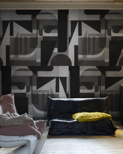 Tapet geometric modern cu un design abstract în nuanțe de gri și negru, Vaasa Graphite