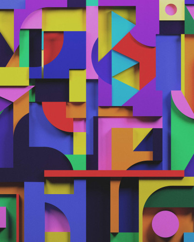 Tapet abstract cu forme geometrice vibrante și culori intense, perfect pentru a decora livingul, dormitorul sau biroul.
