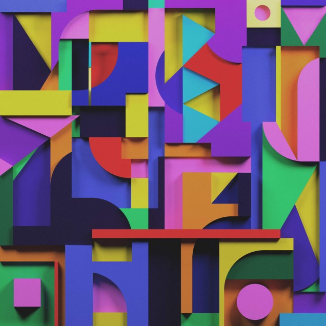 Tapet abstract cu forme geometrice vibrante și culori intense, perfect pentru a decora livingul, dormitorul sau biroul.