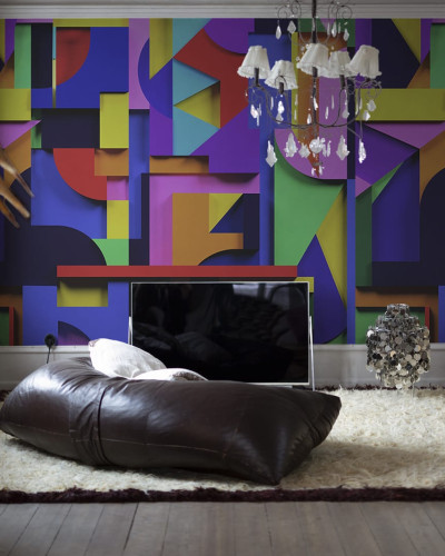 Tapet abstract cu forme geometrice vibrante și culori intense, perfect pentru a decora livingul, dormitorul sau biroul.