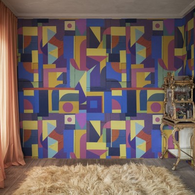Tapet cu un design grafic vibrant, format din forme geometrice colorate