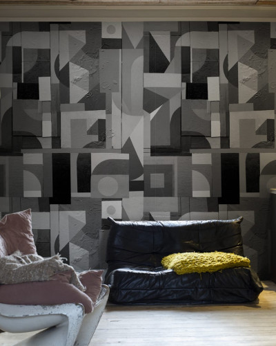 Tapet geometric abstract cu design modern în nuanțe de gri