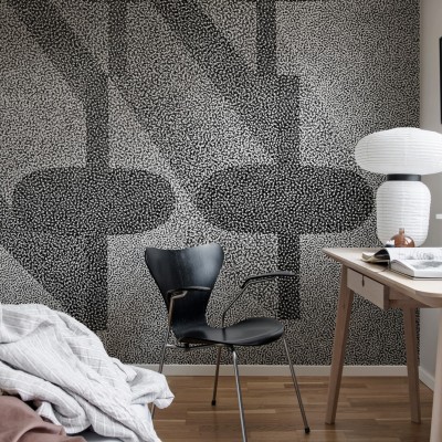 Tapet cu model minimalist de puncte fine, Birdseye Graphite, aplicat pe un perete din dormitor.