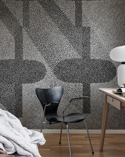 Tapet cu model minimalist de puncte fine, Birdseye Graphite, aplicat pe un perete din dormitor.