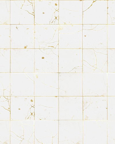 Tapet modern Kintsugi Pearl cu design de plăci ceramice cu crapaturi aurii.