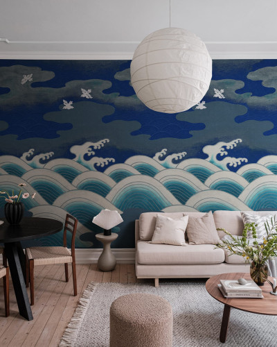 Tapet Waves of Happiness, Blue - Design cu valuri albastre și păsări albe pe un fundal albastru închis.