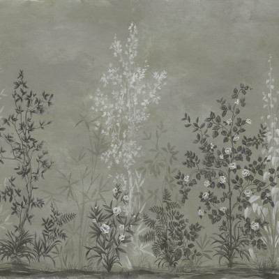 Tapet floral Chinoiserie cu design elegant, in nuante de verde moale.