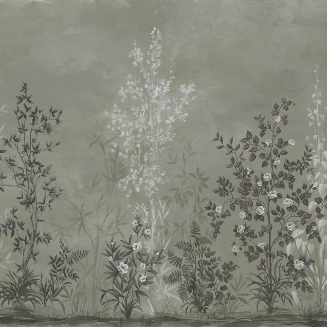 Tapet floral Chinoiserie cu design elegant, in nuante de verde moale.