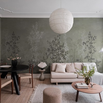 Tapet floral Chinoiserie cu design elegant, in nuante de verde moale.