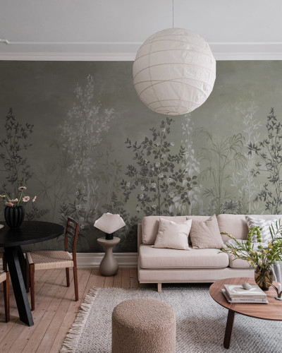 Tapet floral Chinoiserie cu design elegant, in nuante de verde moale.