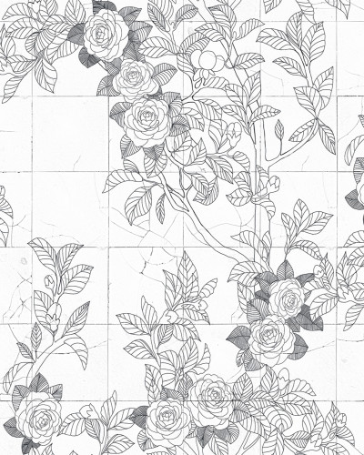 Tapet Rose Tiles, Graphite, cu flori de trandafiri gri pe un fundal alb