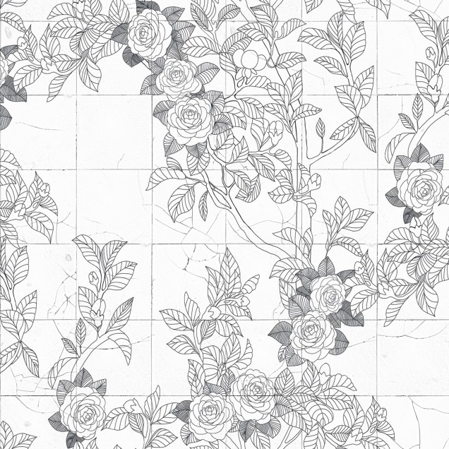 Tapet Rose Tiles, Graphite, cu flori de trandafiri gri pe un fundal alb