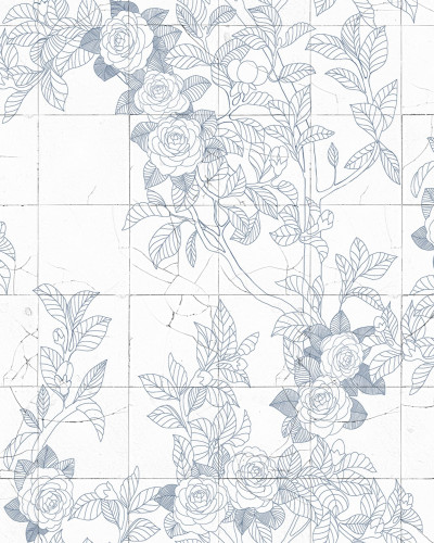Tapet floral Rose Tiles, Blue cu design elegant si nuanta de albastru delicata, inspirat de  tilele traditionale portugheze  azulejos, perfect pentru living, dormitor, baie.