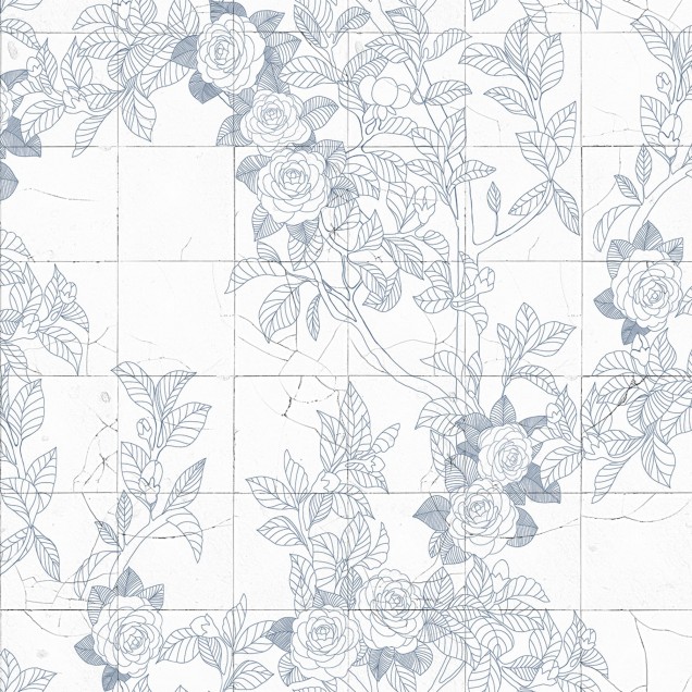 Tapet floral Rose Tiles, Blue cu design elegant si nuanta de albastru delicata, inspirat de  tilele traditionale portugheze  azulejos, perfect pentru living, dormitor, baie.