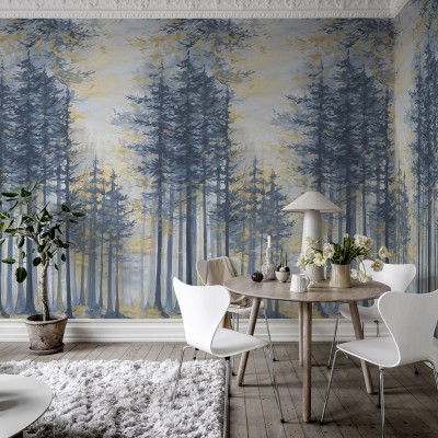 Tapet Daybreak, Blue cu design modern care ilustrează o pădure cu copaci înalți, în nuanțe de albastru și galben